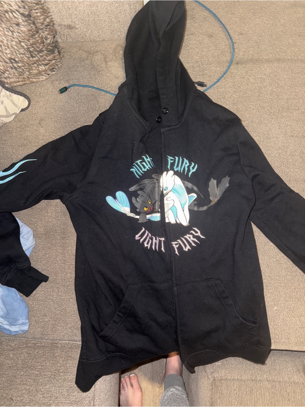 Black Lightweight Zip Hoodie with 'Night Fury' Graphic
